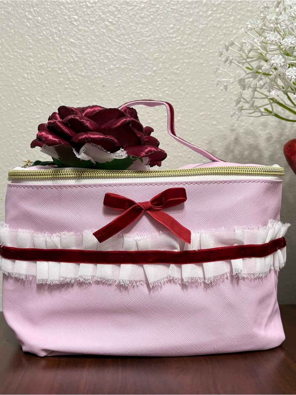 Pink Floral Accent Cosmetic Pouch with Velvet Ribbon